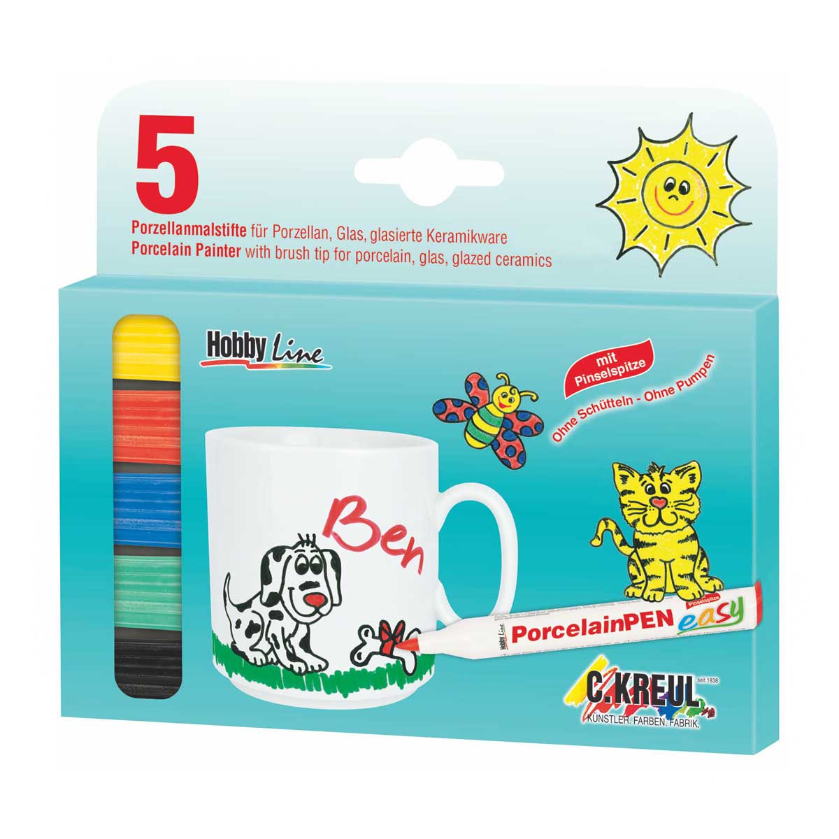 16300 valkoinen muki, jossa on piirustuskynä ja tussi sinisessä paketissa.